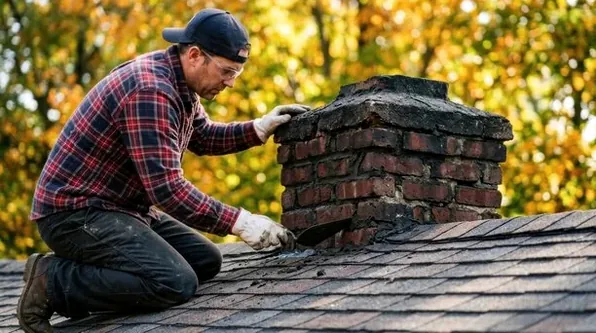 Mason repairing a hail-cracked chimney crown on a Columbine home
