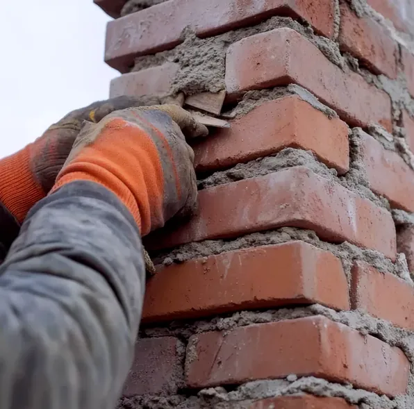 Mason tuckpointing a brick parapet in downtown Littleton